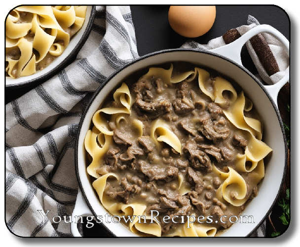 A bowl of beef stroganoff with wide egg noodles, next to a striped kitchen towel, a whole egg, and some fresh herbs. The watermark "YoungstownRecipes.com" is visible on the image.